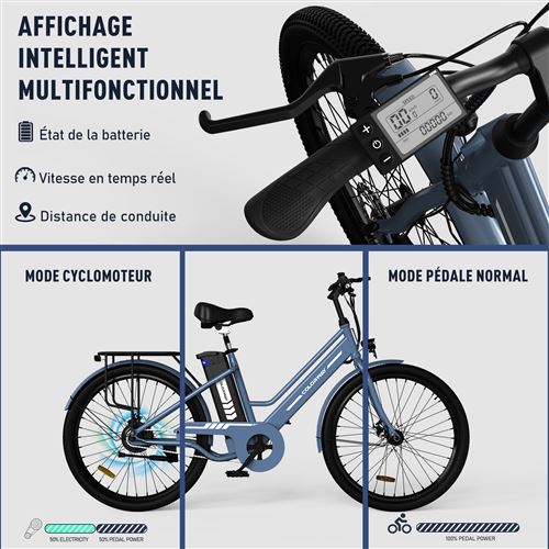 Vélo Électrique 26 Pouces - COLORWAY - Moteur 250W - Batterie 36V 12Ah - Ebike Adulte Ville - Bleu